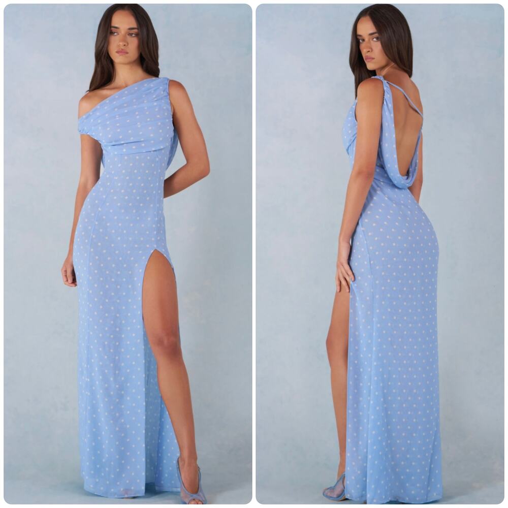 Oh Polly Nivara One-Shoulder Maxi Dress in Blue Polka Dot Size 2